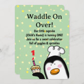 Niedlicher Pinguin Geburtstag (1. Geburtstag) Einladung (Vorne/Hinten)