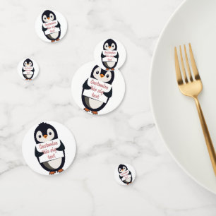 Niedlicher Pinguin hält ein Schild für personalisi Konfetti
