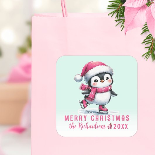 Niedlicher Pinguin Ice Skater Minze und Pink Weihn Quadratischer Aufkleber