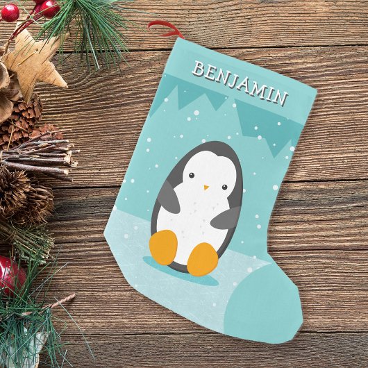 Niedlicher Pinguin im Namen des Eisblauen Cartoon Kleiner Weihnachtsstrumpf