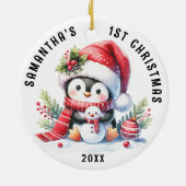 Niedlicher Pinguin in Red Babys 1. Weihnachtsfeier Keramik Ornament (Hinten)