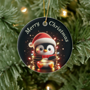 Niedlicher Pinguin in Weihnachtsbeleuchtung ummant Keramik Ornament