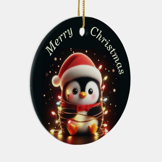 Niedlicher Pinguin in Weihnachtsbeleuchtung ummant Keramik Ornament (Rechts)