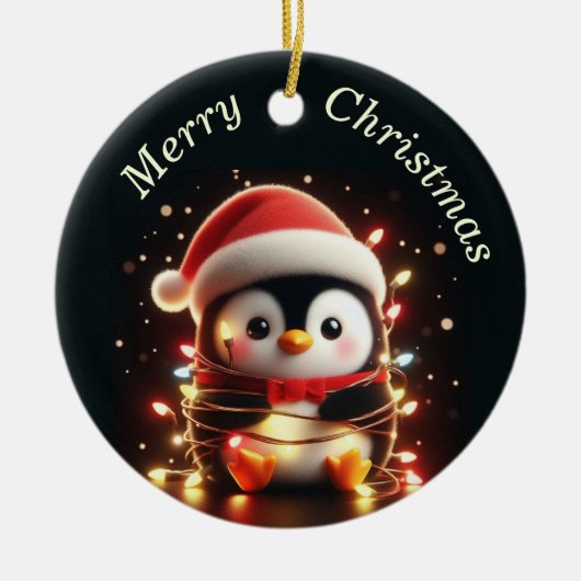 Niedlicher Pinguin in Weihnachtsbeleuchtung ummant Keramik Ornament (Vorne)