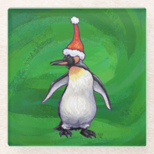 Niedlicher Pinguin in Weihnachtsmannmütze auf Gree Glasuntersetzer