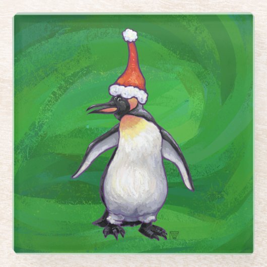 Niedlicher Pinguin in Weihnachtsmannmütze auf Gree Glasuntersetzer (Vorderseite)