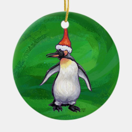 Niedlicher Pinguin in Weihnachtsmannmütze auf Gree Keramikornament (Vorne)