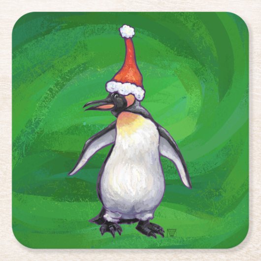 Niedlicher Pinguin in Weihnachtsmannmütze auf Gree Rechteckiger Pappuntersetzer (Vorderseite)