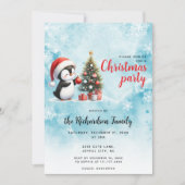 Niedlicher Pinguin in Weihnachtsmannmütze Blauer W Einladung (Vorderseite)