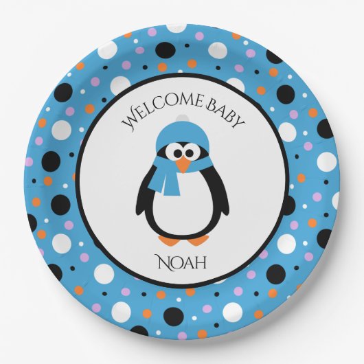 Niedlicher Pinguin mit Blahut und Scarf Polka-Dots Pappteller (Vorderseite)