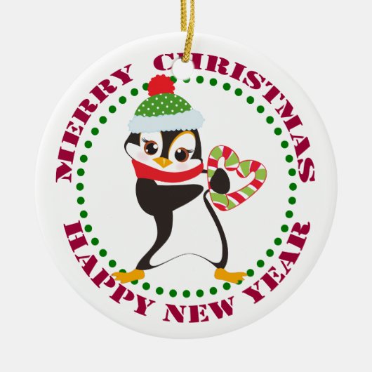 Niedlicher Pinguin mit Candy Cane Herz Keramik Ornament (Vorne)