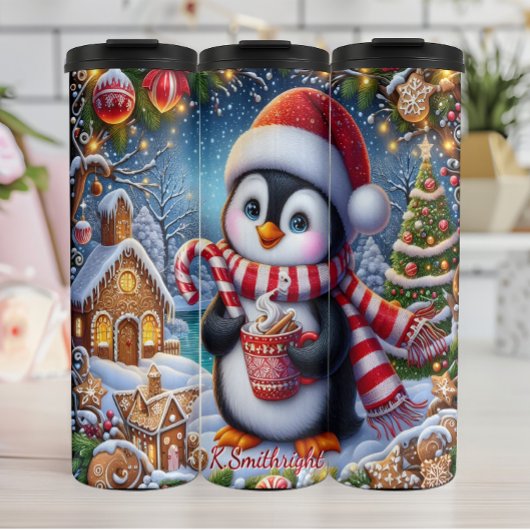 Niedlicher Pinguin mit heißem Kakao Thermosbecher