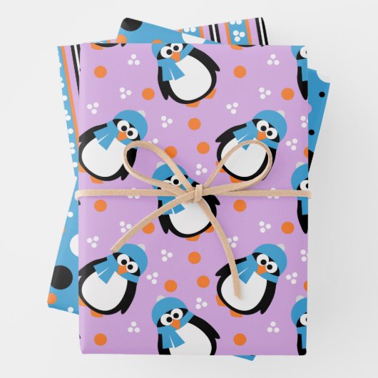 Niedlicher Pinguin mit Hut und Scarf Streifen Polk Geschenkpapier Set (Beispiel)