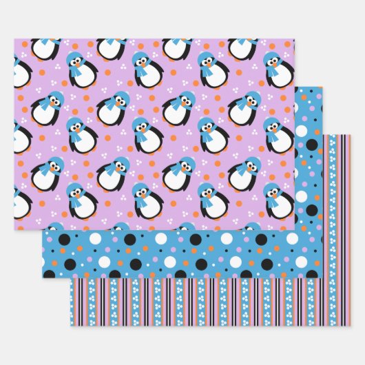Niedlicher Pinguin mit Hut und Scarf Streifen Polk Geschenkpapier Set (Set)