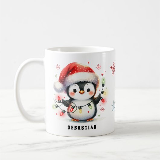 Niedlicher Pinguin mit Lichtern Personalisiert Wei Kaffeetasse (Links)