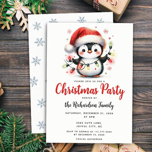 Niedlicher Pinguin mit Lights Festliche Weihnachte Einladung