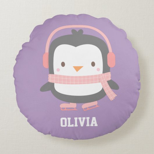 Niedlicher Pinguin mit Ohrmuscheln Girls Zimmerdek Rundes Kissen (Vorderseite)