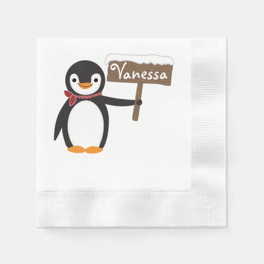 Niedlicher Pinguin mit Scarf und Holzschild Serviette (Vorderseite)