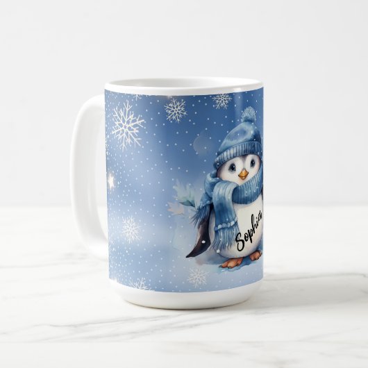 Niedlicher Pinguin mit Schneeflocken Kaffeetasse (Vorderseite Links)