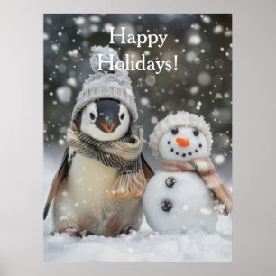 Niedlicher Pinguin mit Schneemann-Winterthema Poster
