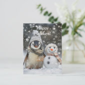 Niedlicher Pinguin mit Schneemann-Winterthema Postkarte (Stehend Vorderseite)