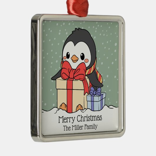 Niedlicher Pinguin mit Weihnachtsgeschenken im Sch Ornament Aus Metall (Rechts)