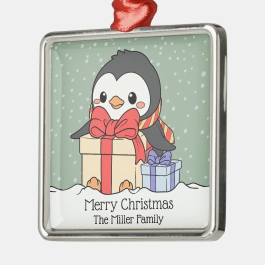 Niedlicher Pinguin mit Weihnachtsgeschenken im Sch Ornament Aus Metall (Links)