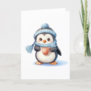 Niedlicher Pinguin mit Winterkleidung und Cup BLAN Feiertagskarte
