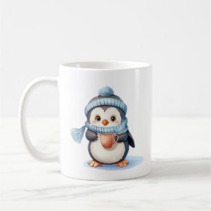 Niedlicher Pinguin mit Winterkleidung und Cup Kaffeetasse