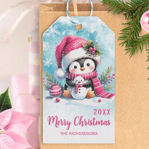 Niedlicher Pinguin Personalisiert Pink Frohe Weihn Geschenkanhänger