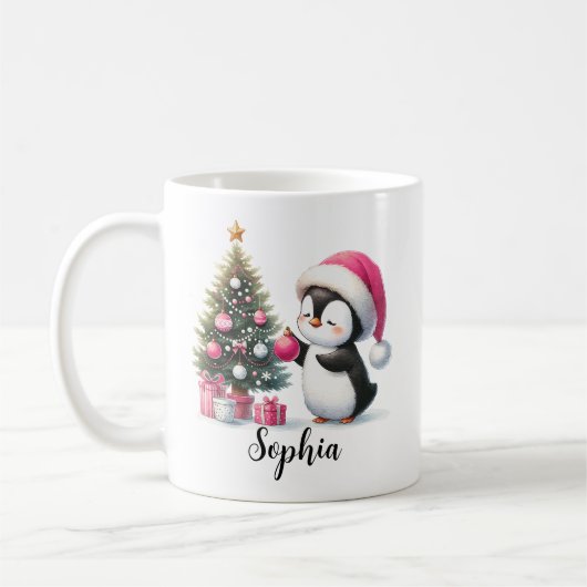 Niedlicher Pinguin Pine Tree Custom Pink Weihnacht Kaffeetasse (Links)