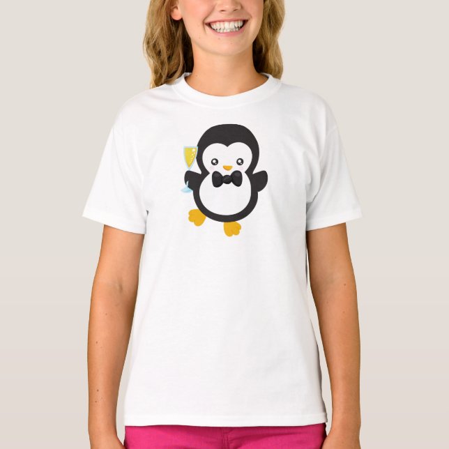 Niedlicher Pinguin, Pinguin mit Champagner, Party T-Shirt (Vorderseite)