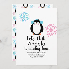 Niedlicher Pinguin Pink Blauer Schneeflocken Winte Einladung