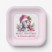 Niedlicher Pinguin Pink Custom Frohe Weihnachten Pappteller (Vorderseite)