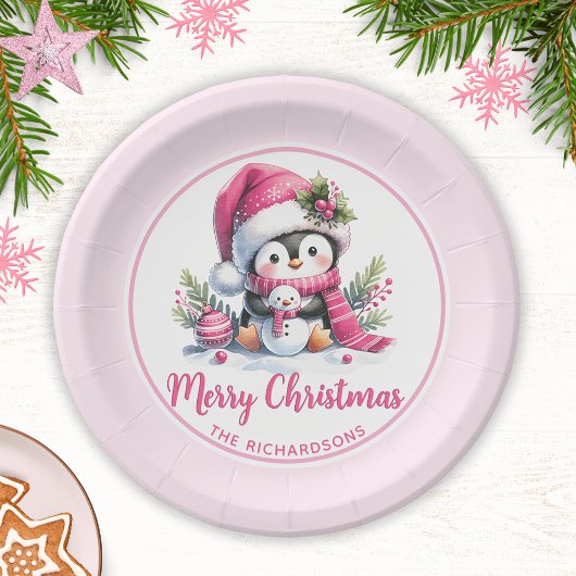 Niedlicher Pinguin Pink Custom Frohe Weihnachten Pappteller