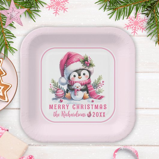 Niedlicher Pinguin Pink Custom Frohe Weihnachten Pappteller