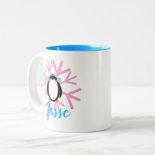 Niedlicher Pinguin Pink Snowflake Individuelle Nam Zweifarbige Tasse (Vorderseite Links)