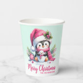 Niedlicher Pinguin Pink und Mint Green Frohe Weihn Pappbecher (Rückseite)
