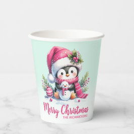 Niedlicher Pinguin Pink und Mint Green Frohe Weihn Pappbecher