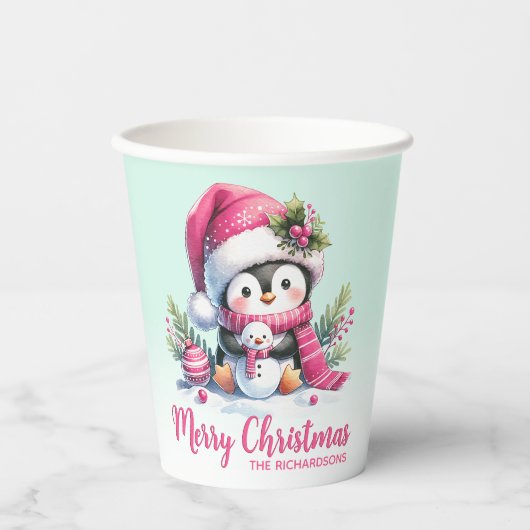 Niedlicher Pinguin Pink und Mint Green Frohe Weihn Pappbecher (Vorderseite)