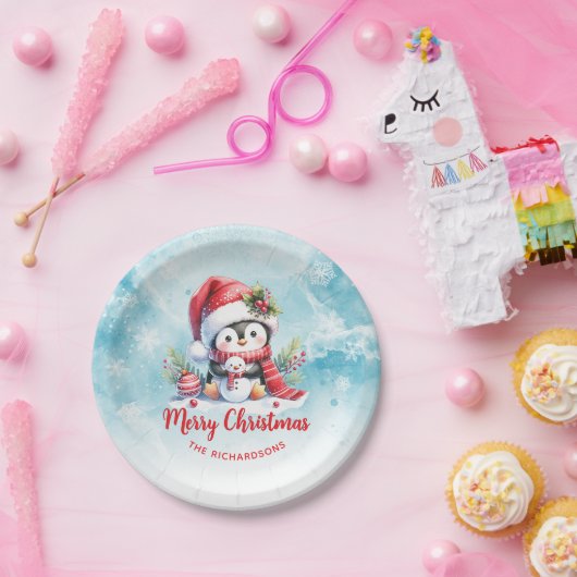 Niedlicher Pinguin Red and Blue Custom Frohe Weihn Pappteller (Party)