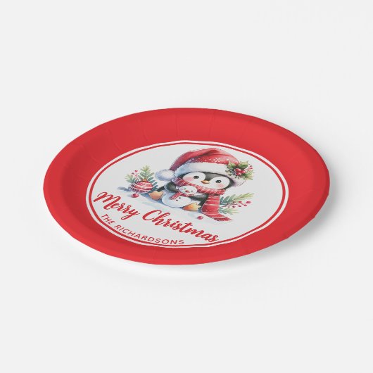 Niedlicher Pinguin Red White Custom Frohe Weihnach Pappteller (Schrägansicht)