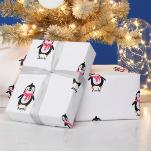 Niedlicher Pinguin Roter Streifen Geschenkpapier