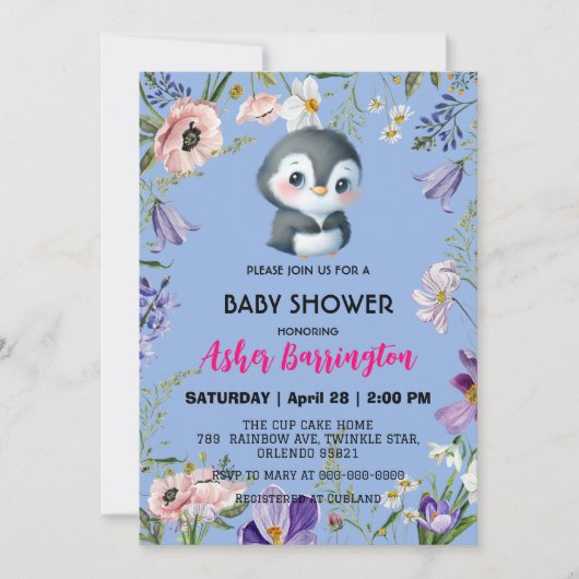 Niedlicher Pinguin Rustikale Blume Babydusche Kind Einladung (Vorderseite)