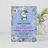Niedlicher Pinguin Rustikale Blume Babydusche Kind Einladung (Stehend Vorderseite)
