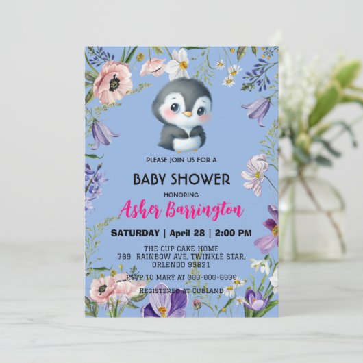 Niedlicher Pinguin Rustikale Blume Babydusche Kind Einladung (Stehend Vorderseite)