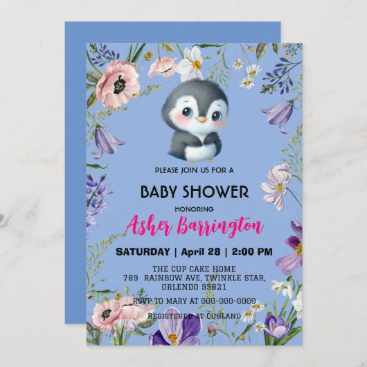 Niedlicher Pinguin Rustikale Blume Babydusche Kind Einladung (Vorne/Hinten)