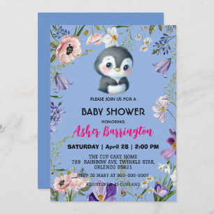 Niedlicher Pinguin Rustikale Blume Babydusche Kind Einladung