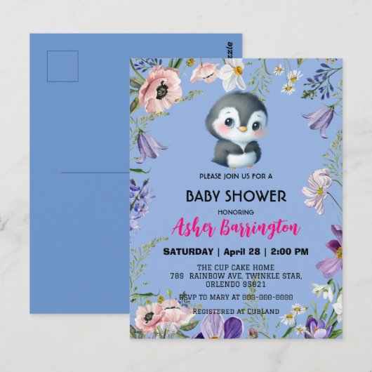 Niedlicher Pinguin Rustikale Blume Babydusche Kind Postkarte (Vorne/Hinten)
