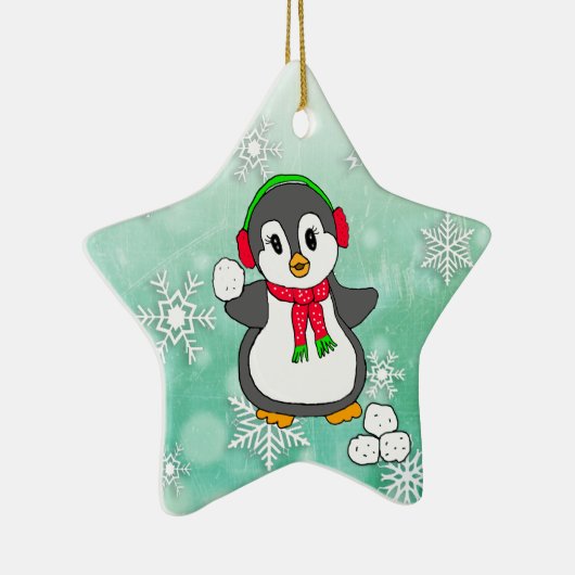 Niedlicher Pinguin Schneebälle werfen Weihnachten Keramik Ornament (Rechts)